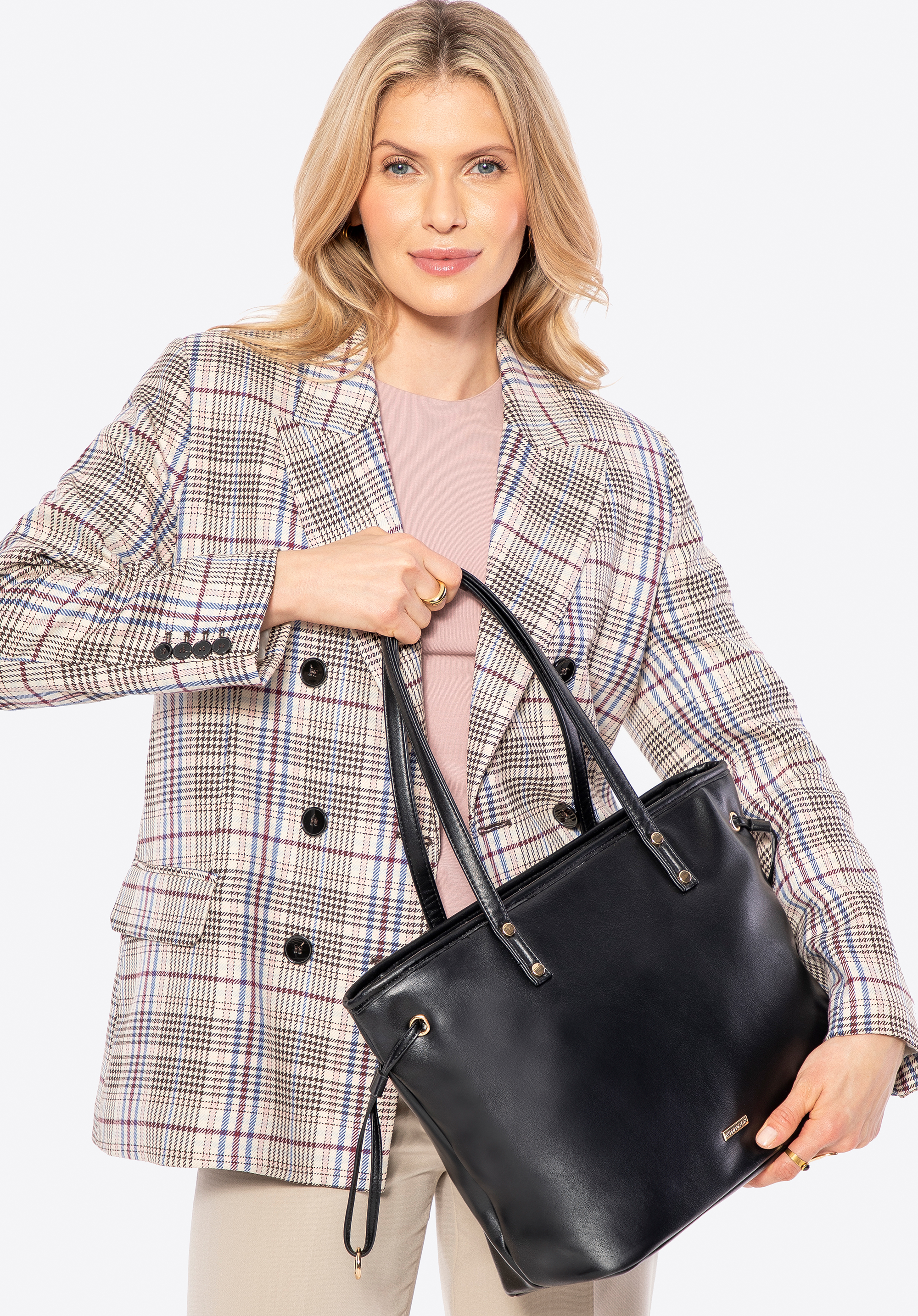 Geantă shopper din piele artificială cu șnur, negru, 100-4Y-203-1, Fotografie 1