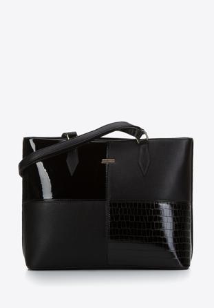 Geantă shopper din piele ecologică cu inserții texturate, negru, 97-4Y-621-1, Fotografie 1