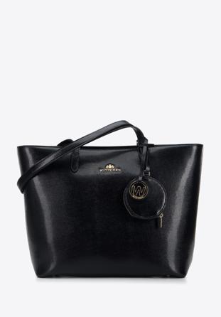 Geantă shopper din piele texturată exotică, cu geantă și breloc, negru, 95-4E-612-1L, Fotografie 1