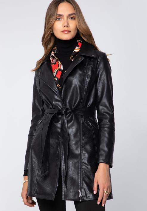 Jachetă din piele artificială pentru femei cu curea, negru - grafit, 97-9P-101-1P-L, Fotografie 1