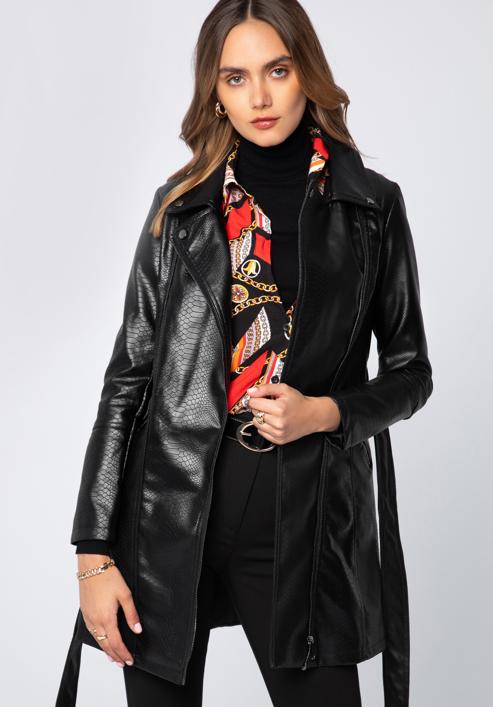 Jachetă din piele artificială pentru femei cu curea, negru - grafit, 97-9P-101-3-L, Fotografie 4