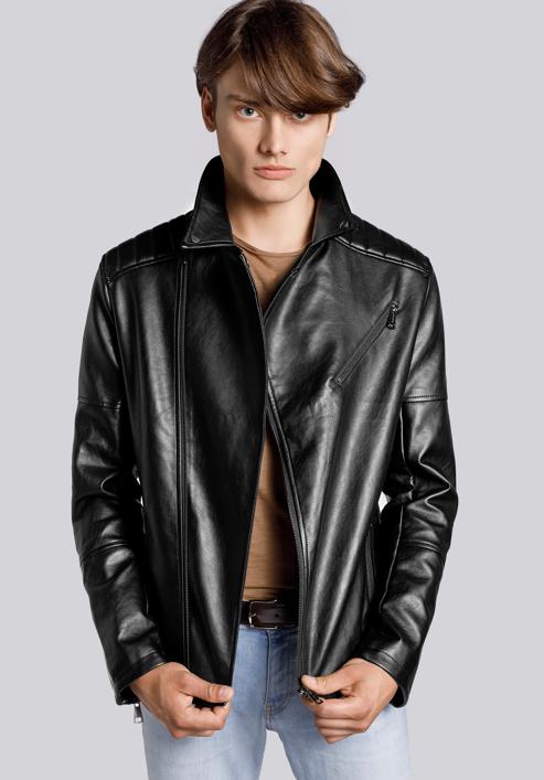 Jachetă clasică de motociclist din piele ecologică pentru bărbați, negru, 93-9P-112-1-3XL, Fotografie 1