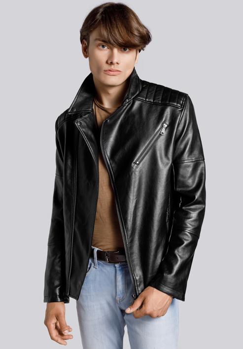 Jachetă clasică de motociclist din piele ecologică pentru bărbați, negru, 93-9P-112-1-S, Fotografie 2