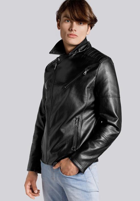 Jachetă clasică de motociclist din piele ecologică pentru bărbați, negru, 93-9P-112-1-2XL, Fotografie 5