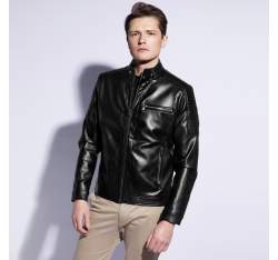 Jachetă bărbătească din piele ecologică cu guler decorativ, negru, 96-9P-151-1-M, Fotografie 1