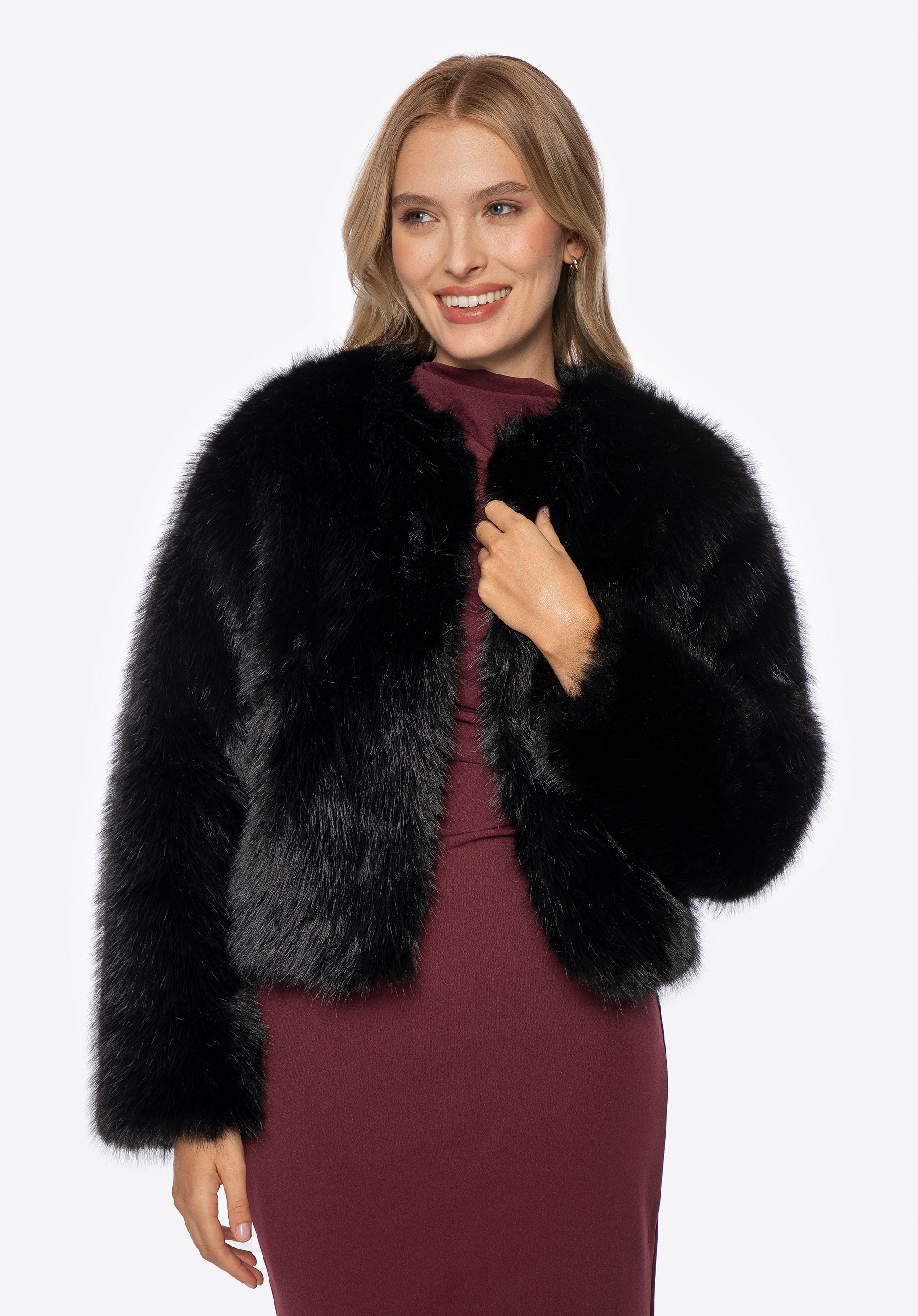 Jachetă scurtă din blană artificială pentru femei, negru, 101-9W-505-1-XL, Fotografie 1