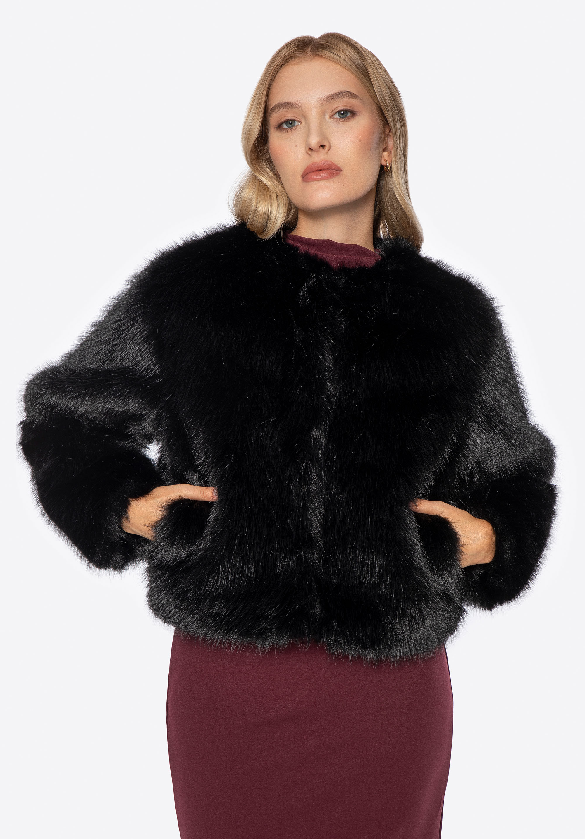 Jachetă scurtă din blană artificială pentru femei, negru, 101-9W-505-1-XL, Fotografie 1