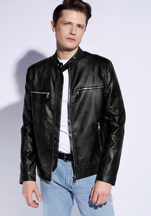 Jachetă din piele ecologică pentru bărbați cu guler drept, negru, 96-9P-150-1-L, Fotografie 2