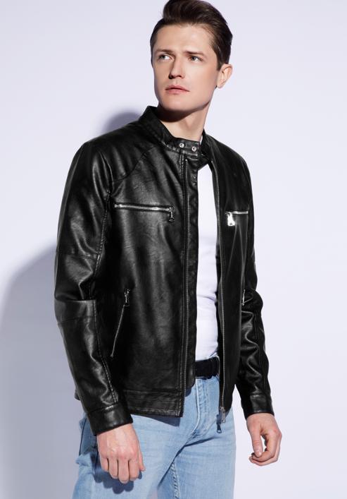 Jachetă din piele ecologică pentru bărbați cu guler drept, negru, 96-9P-150-1-L, Fotografie 3