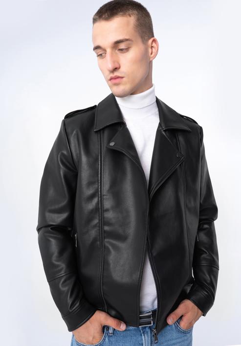 Jachetă bărbătească din piele artificială de motociclist, negru, 97-9P-154-Z-M, Fotografie 16
