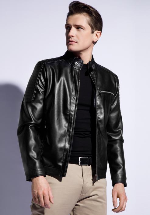 Jachetă bărbătească din piele ecologică cu guler decorativ, negru, 96-9P-151-1-S, Fotografie 2