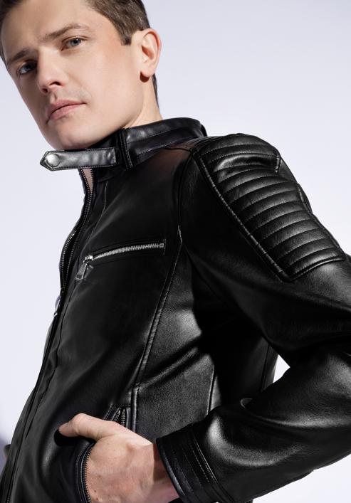 Jachetă bărbătească din piele ecologică cu guler decorativ, negru, 96-9P-151-1-M, Fotografie 4