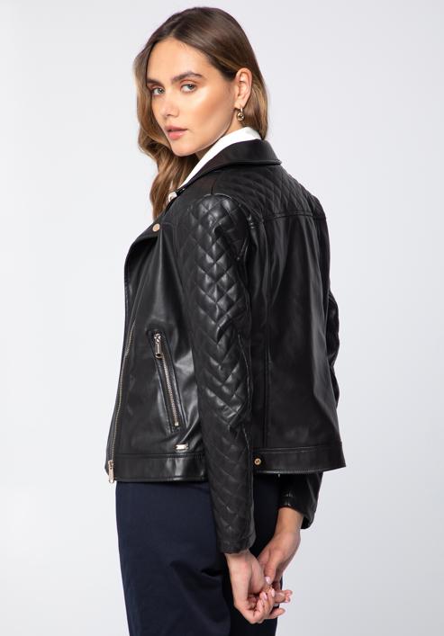 Jachetă biker din piele artificială pentru femei cu inserție matlasată, negru, 97-9P-102-P-S, Fotografie 2
