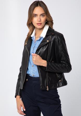 Jachetă biker din piele artificială pentru femei cu inserție matlasată