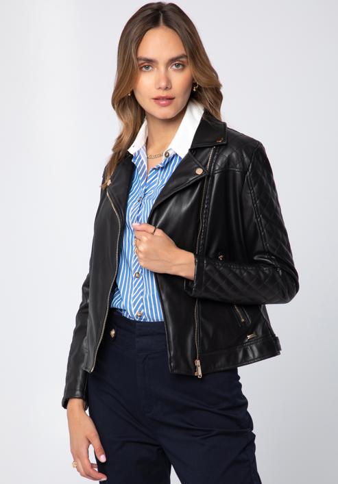 Jachetă biker din piele artificială pentru femei cu inserție matlasată, negru, 97-9P-102-3-L, Fotografie 3