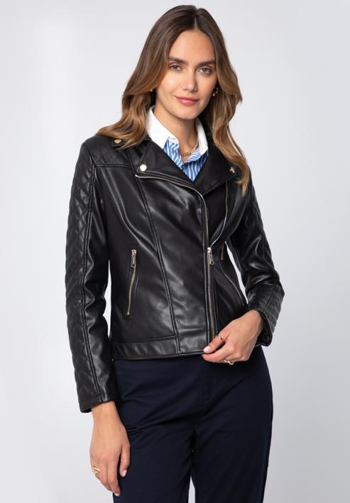 Jachetă biker din piele artificială pentru femei cu inserție matlasată, negru, 97-9P-102-P-S, Fotografie 4