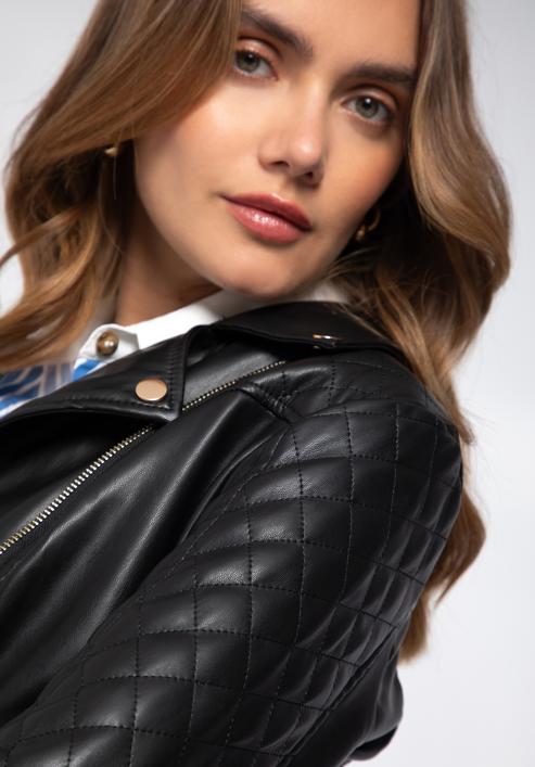 Jachetă biker din piele artificială pentru femei cu inserție matlasată, negru, 97-9P-102-3-L, Fotografie 5