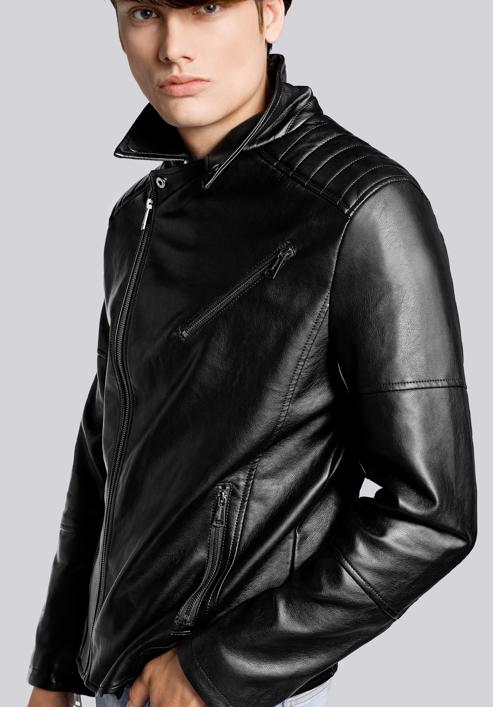 Jachetă clasică de motociclist din piele ecologică pentru bărbați, negru, 93-9P-112-1-2XL, Fotografie 7