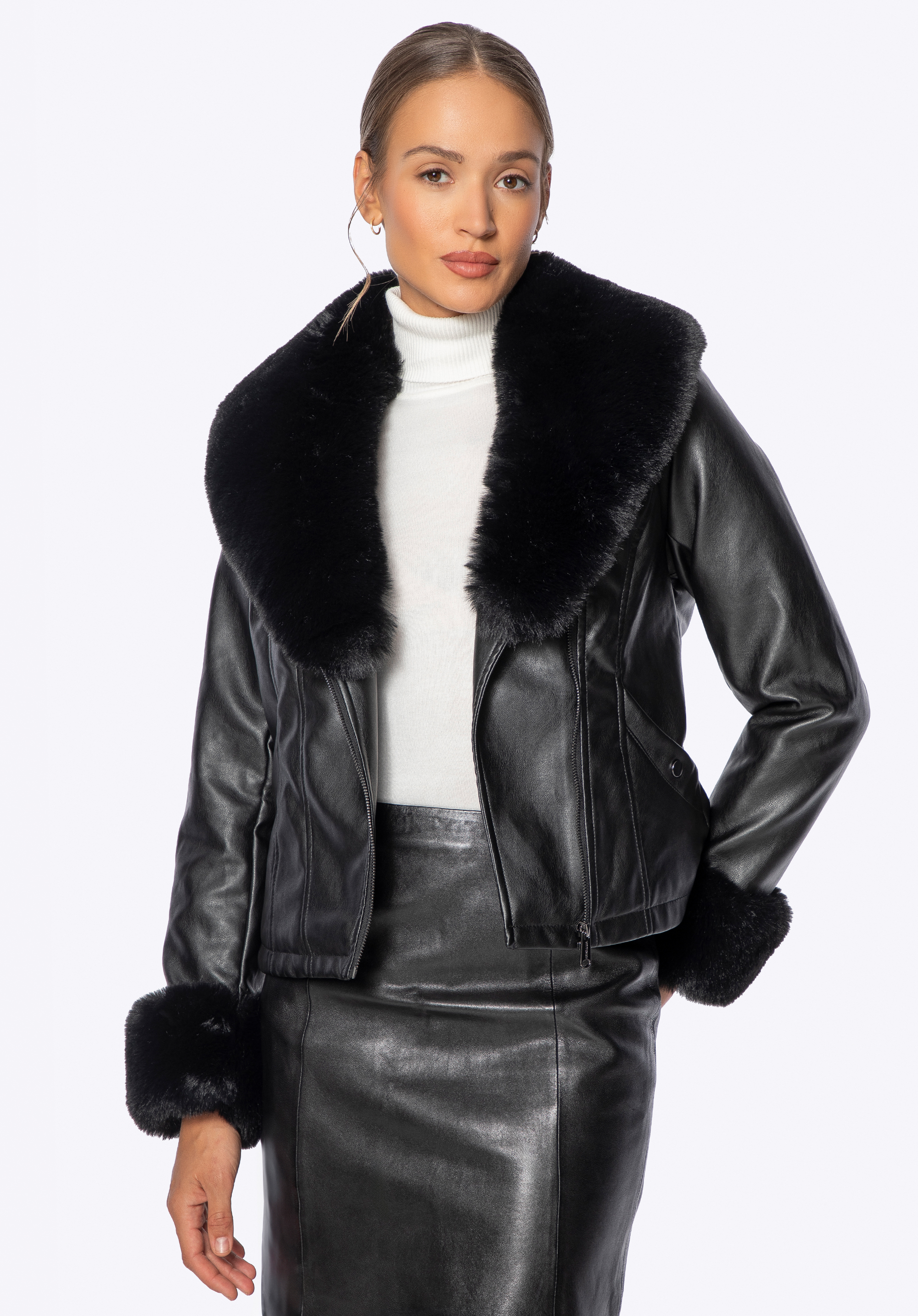 Jachetă de damă cu garnitură din blană artificială, negru, 101-9P-100-1-S, Fotografie 1