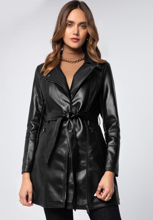 Jachetă din piele artificială pentru femei cu curea, negru, 97-9P-101-1S-M, Fotografie 1