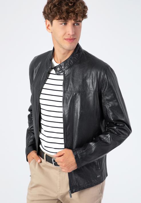 Jachetă din piele dreaptă pentru bărbați, negru, 96-09-850-3-M, Fotografie 1
