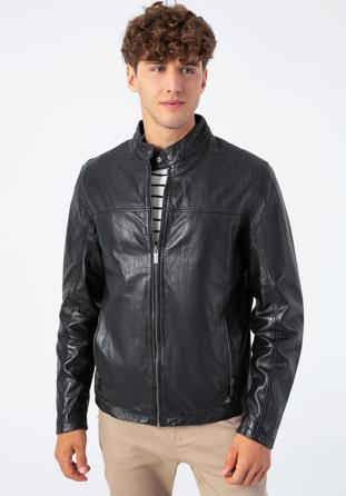 Jachetă din piele dreaptă pentru bărbați, negru, 96-09-850-1-L, Fotografie 1