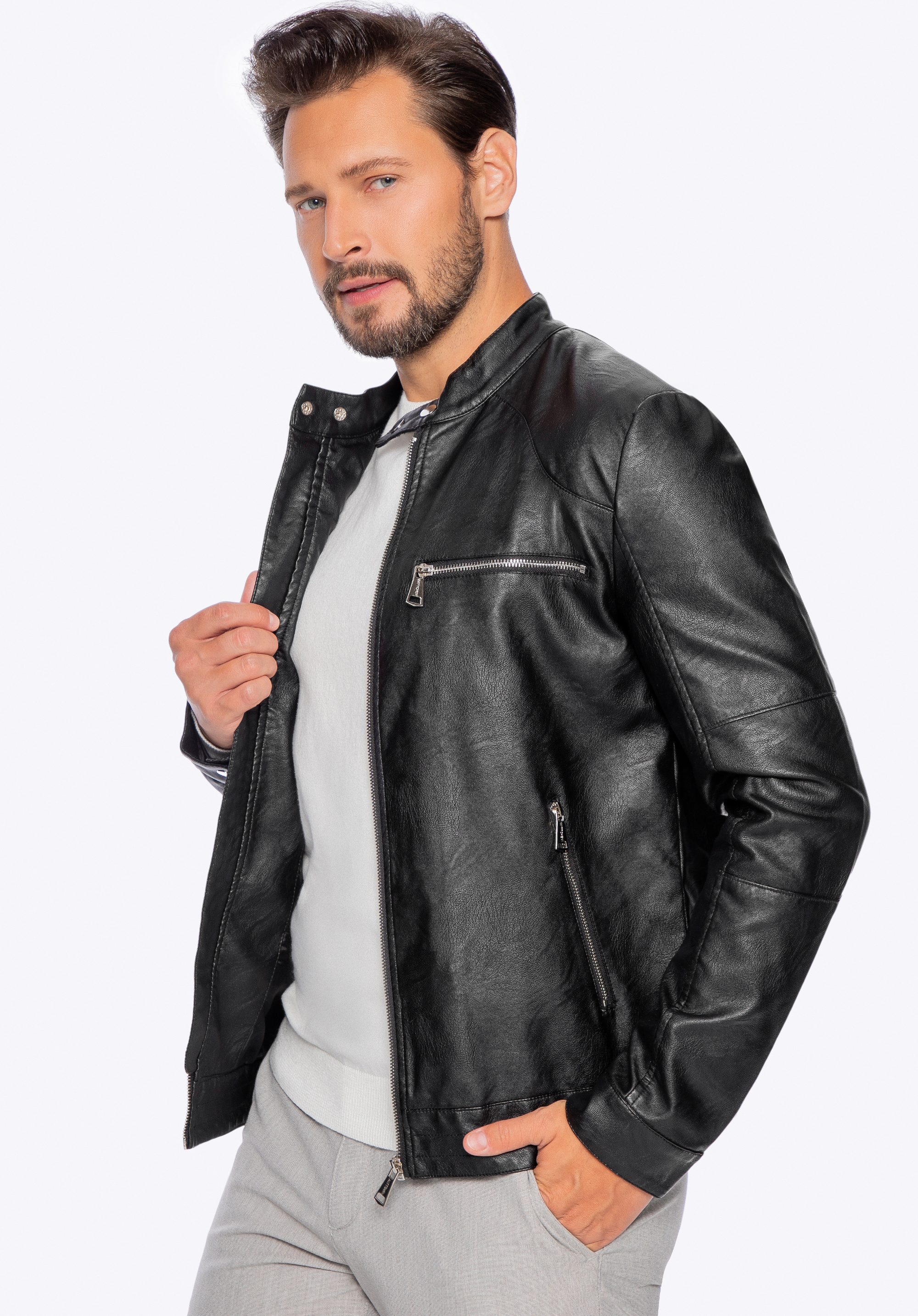 Jachetă din piele ecologică pentru bărbați cu guler drept, negru, 96-9P-150-1-XL, Fotografie 1