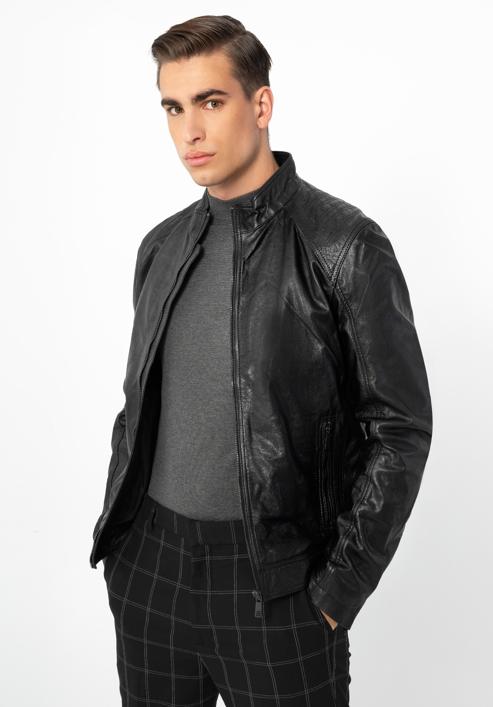 Jachetă din piele pentru bărbați cu cusături pe umeri, negru, 97-09-251-1-S, Fotografie 2