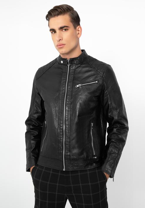 Jachetă din piele pentru bărbați cu cusături verticale și guler înalt, negru, 97-09-253-4-M, Fotografie 1