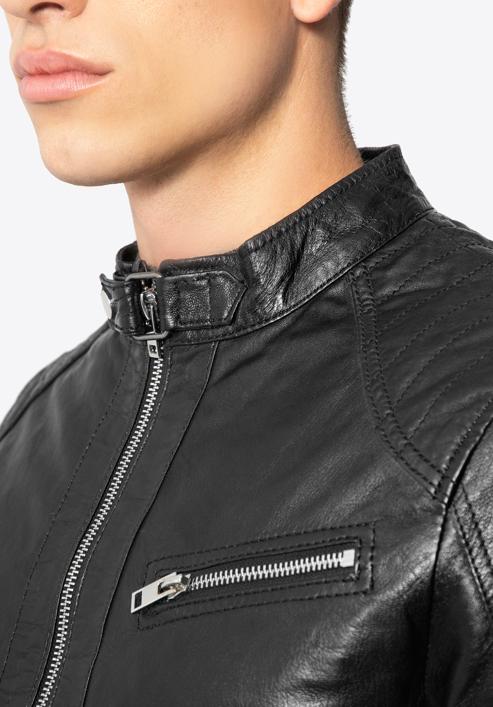 Jachetă din piele pentru bărbați cu cusături verticale și guler înalt, negru, 97-09-253-1-2XL, Fotografie 5