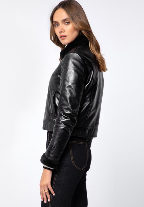 Jachetă din piele pentru femei, căptușită cu blană falsă, negru, 97-09-802-4-M, Fotografie 3