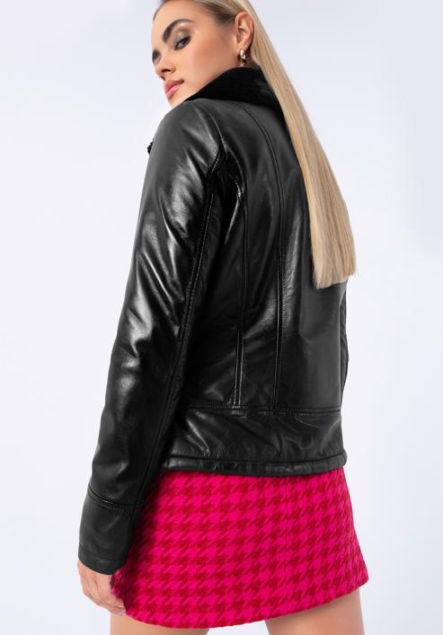 Jachetă din piele pentru femei, căptușită cu blană falsă, negru, 97-09-801-5-S, Fotografie 4