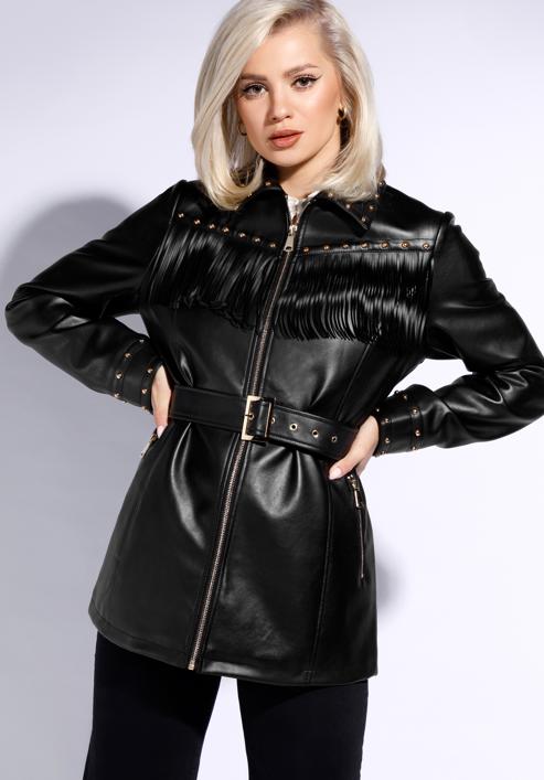 Jachetă pentru femei din piele ecologică cu franjuri și nituri, negru, 96-9P-101-1-L, Fotografie 3