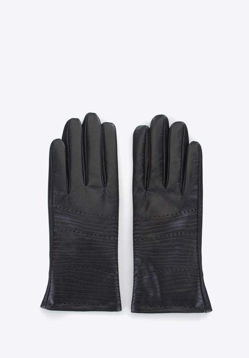 Mănuși de damă din piele cu dungi embosate, negru, 39-6-652-1-S, Fotografie 3