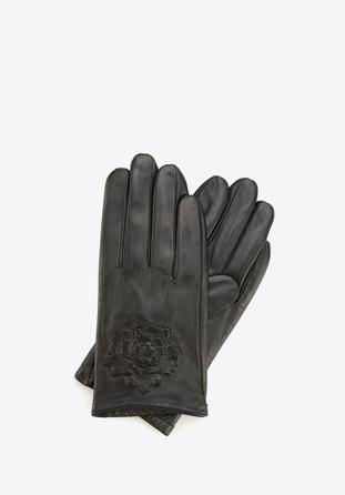 Mănuși de damă din piele cu un trandafir embosat, negru, 45-6-523-1-S, Fotografie 1