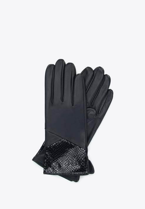 Mănuși de piele pentru femei cu o inserție din piele exotică, negru, 45-6A-015-7-L, Fotografie 1