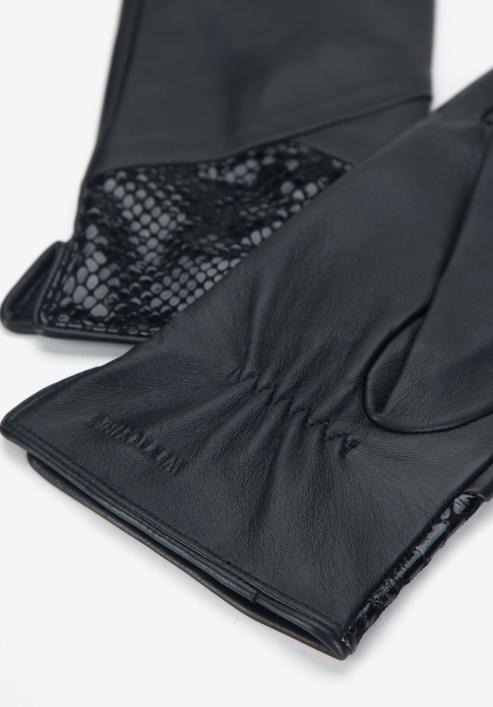 Mănuși de piele pentru femei cu o inserție din piele exotică, negru, 45-6A-015-2-S, Fotografie 4