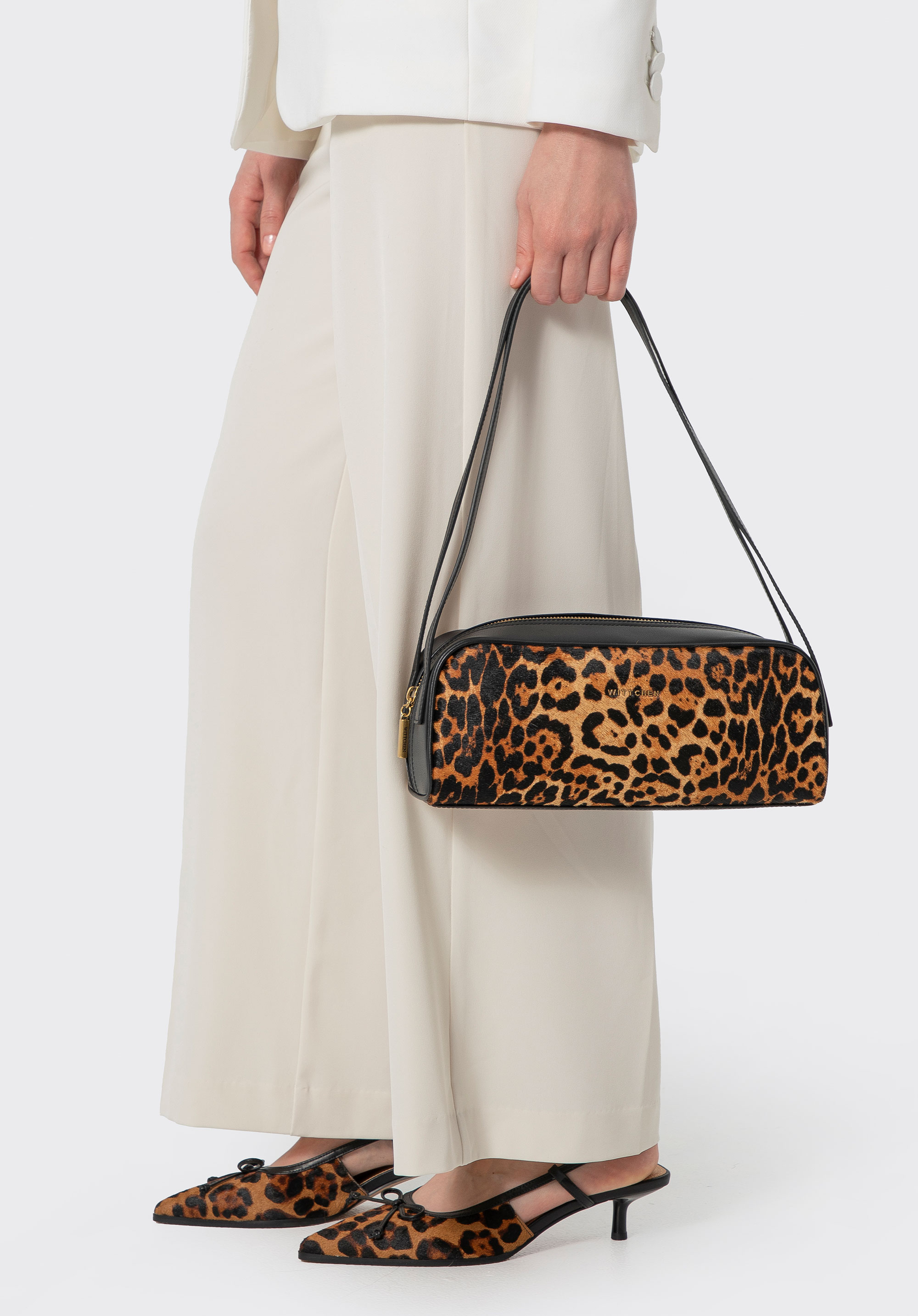 Geantă tip baghetă din piele naturală cu imprimeu leopard, negru - maro, 102-4E-601-4, Fotografie 1