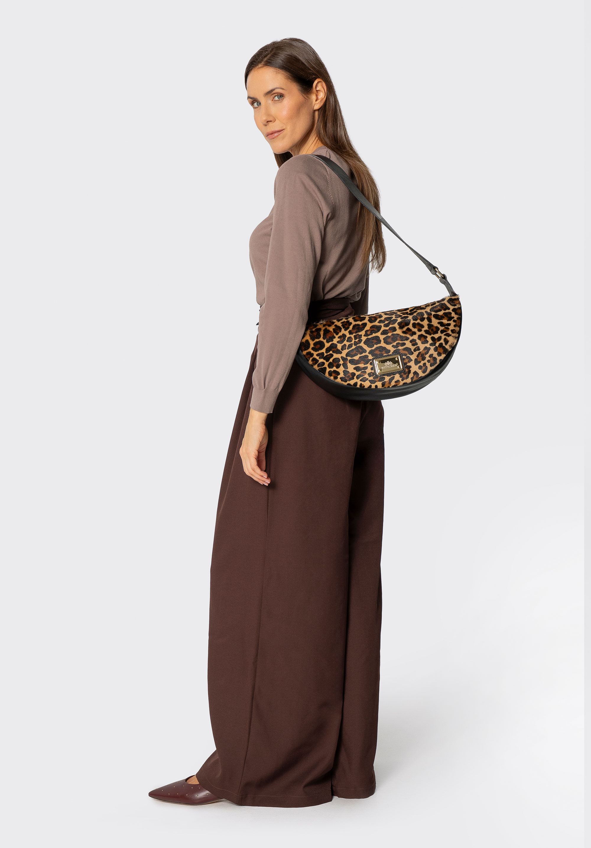 Geantă de umăr din piele cu imprimeu animal print, formă de semilună