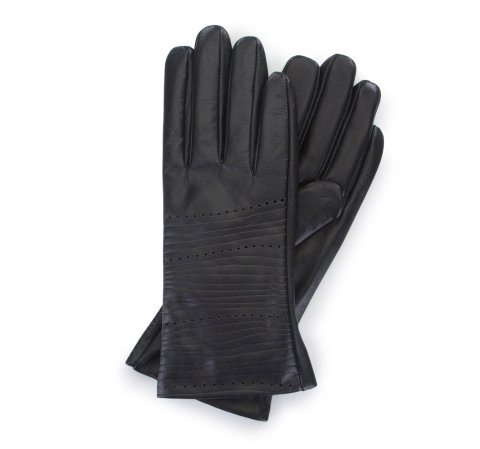Mănuși de damă din piele cu dungi embosate, negru, 39-6-652-1-M, Fotografie 1