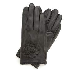 Mănuși de damă din piele cu un trandafir embosat, negru, 45-6-523-1-L, Fotografie 1