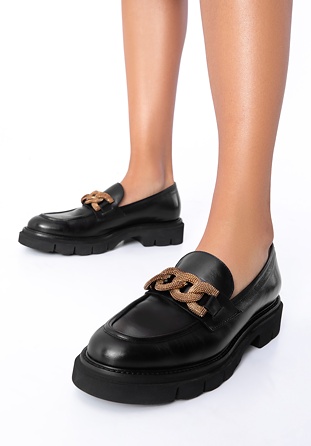 Mocasini din piele cu platformă pentru femei, cu curea decorativă cu lanț, negru, 97-D-105-1-35, Fotografie 1
