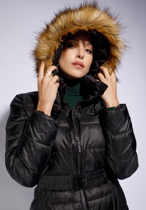 Palton damă de iarnă matlasat cu glugă, negru, 95-9D-400-1-L, Fotografie 6