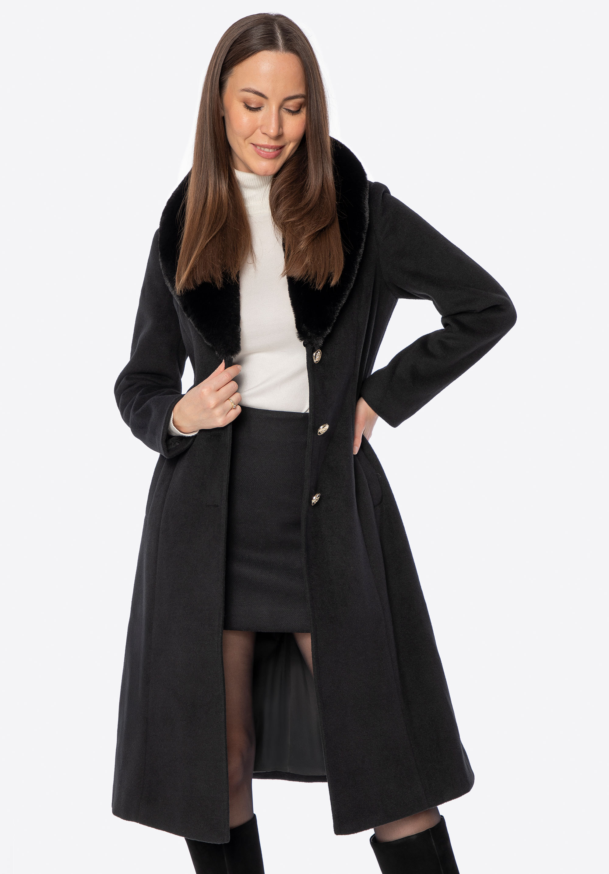 Palton de damă cu guler detașabil din blană artificială
