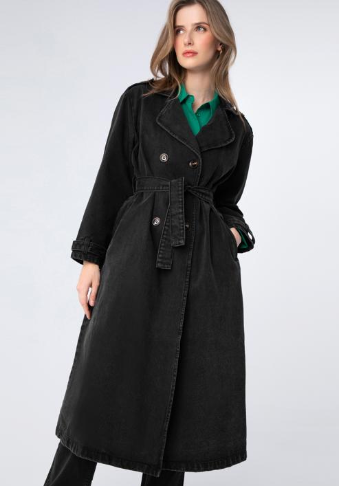 Palton de damă din denim cu curea, negru, 98-9X-901-7-M, Fotografie 4