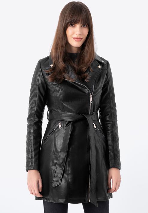 Palton de damă din imitație de piele cu curea cu detaliu matlasat, negru, 97-9P-101-1Q-S, Fotografie 2