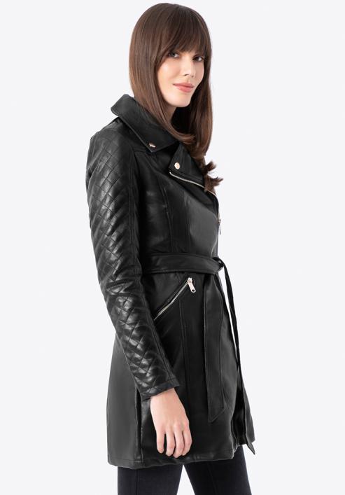 Palton de damă din imitație de piele cu curea cu detaliu matlasat, negru, 97-9P-101-1Q-XL, Fotografie 3