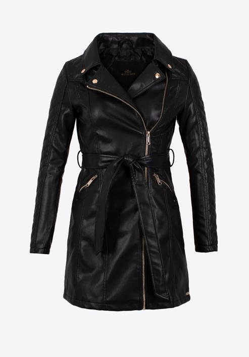 Palton de damă din imitație de piele cu curea cu detaliu matlasat, negru, 97-9P-101-1Q-XL, Fotografie 30
