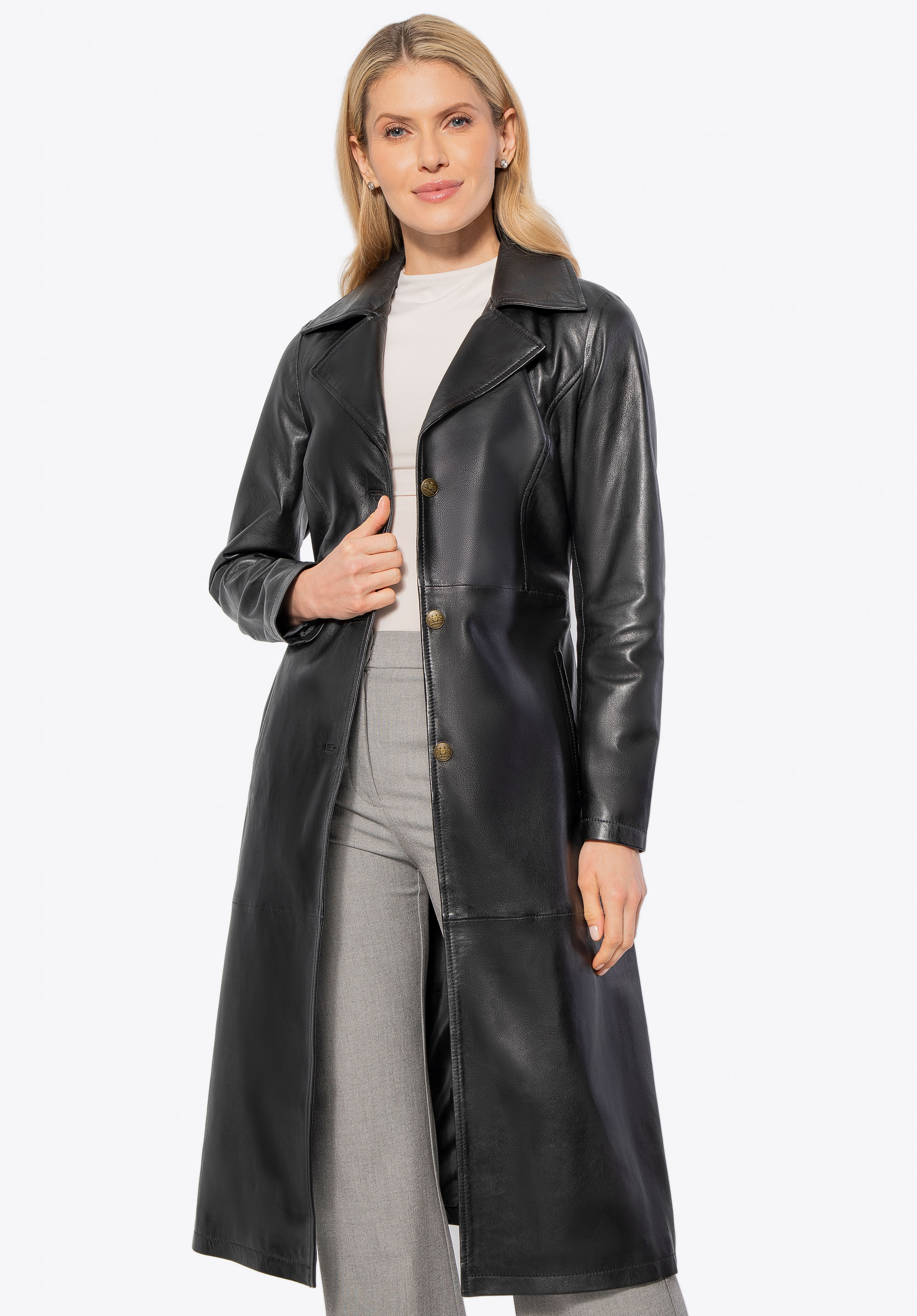 Palton lung de piele, negru, 100-09-405-1-L, Fotografie 1