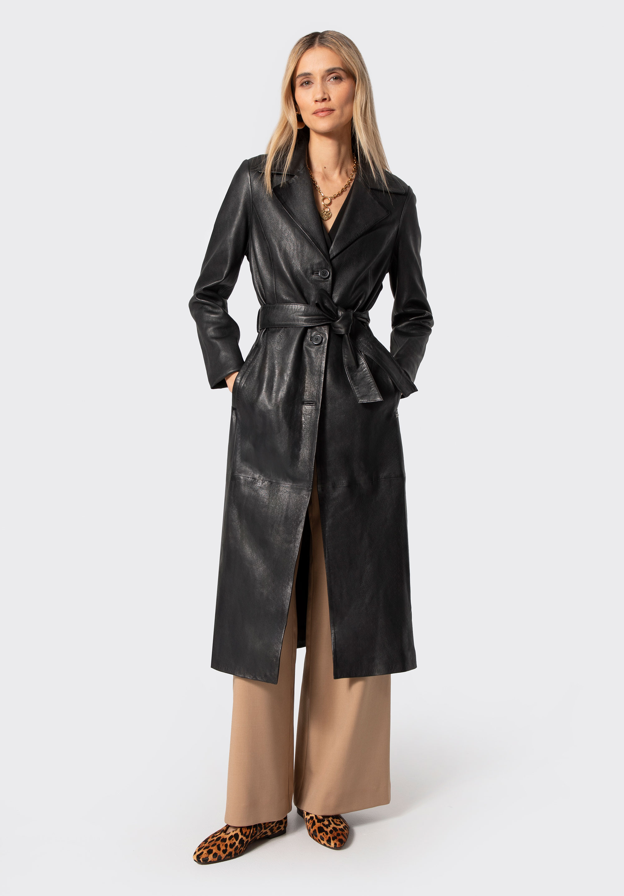 Palton lung pentru femei din piele de oaie, negru, 100-09-415-1-XL, Fotografie 1